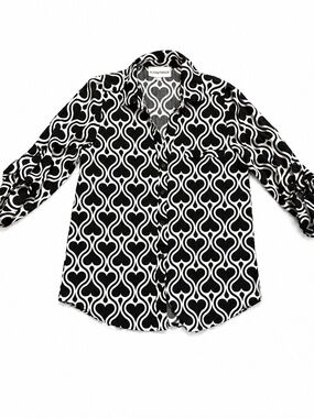 Alex & Parker Black White Heart Print Button Down Blouse Size Small